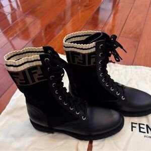 Fendi Black and Beige Lace-Up Boots